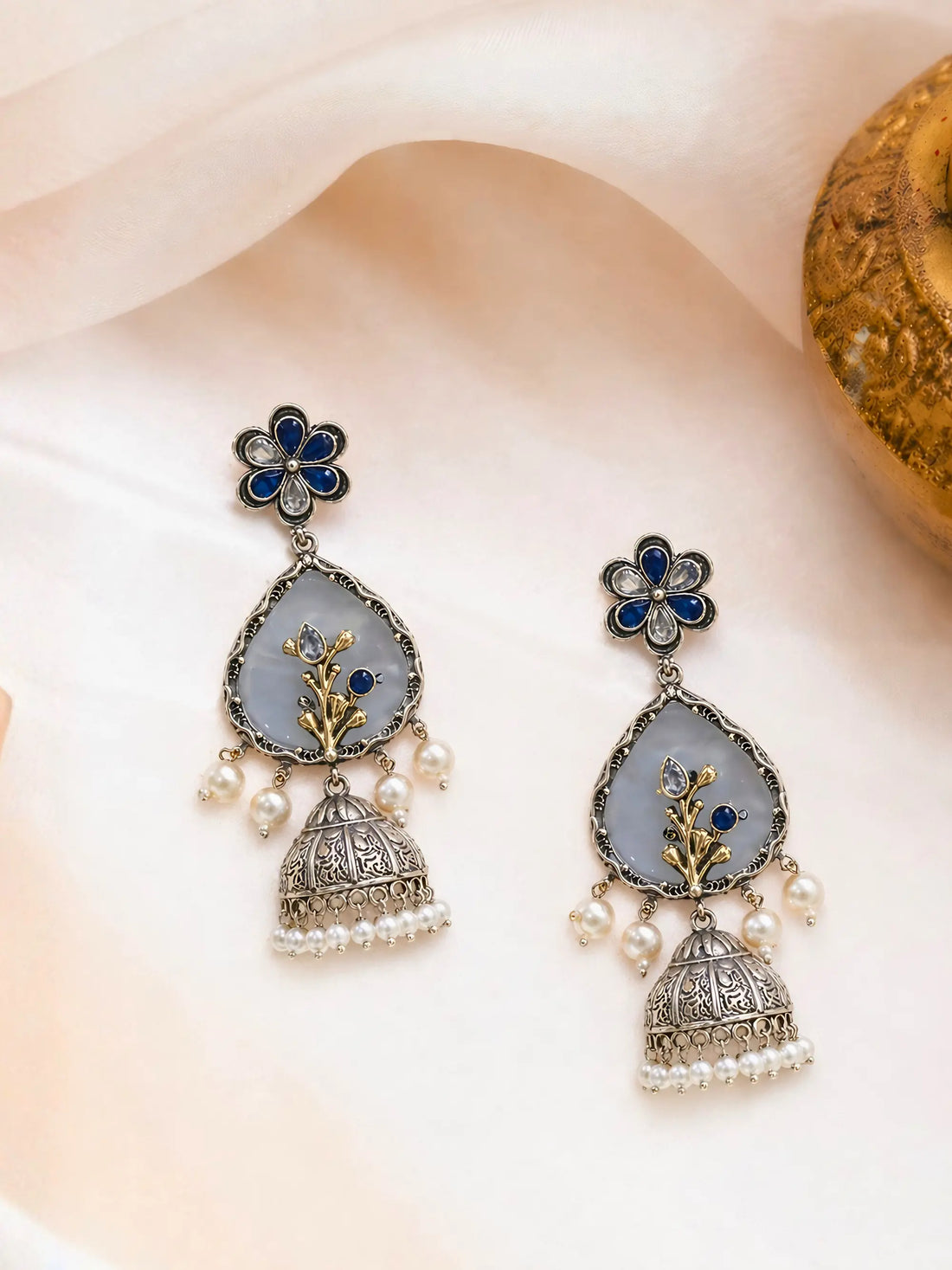 Brass Blue Pearl Jhumka Earrings Shimmera