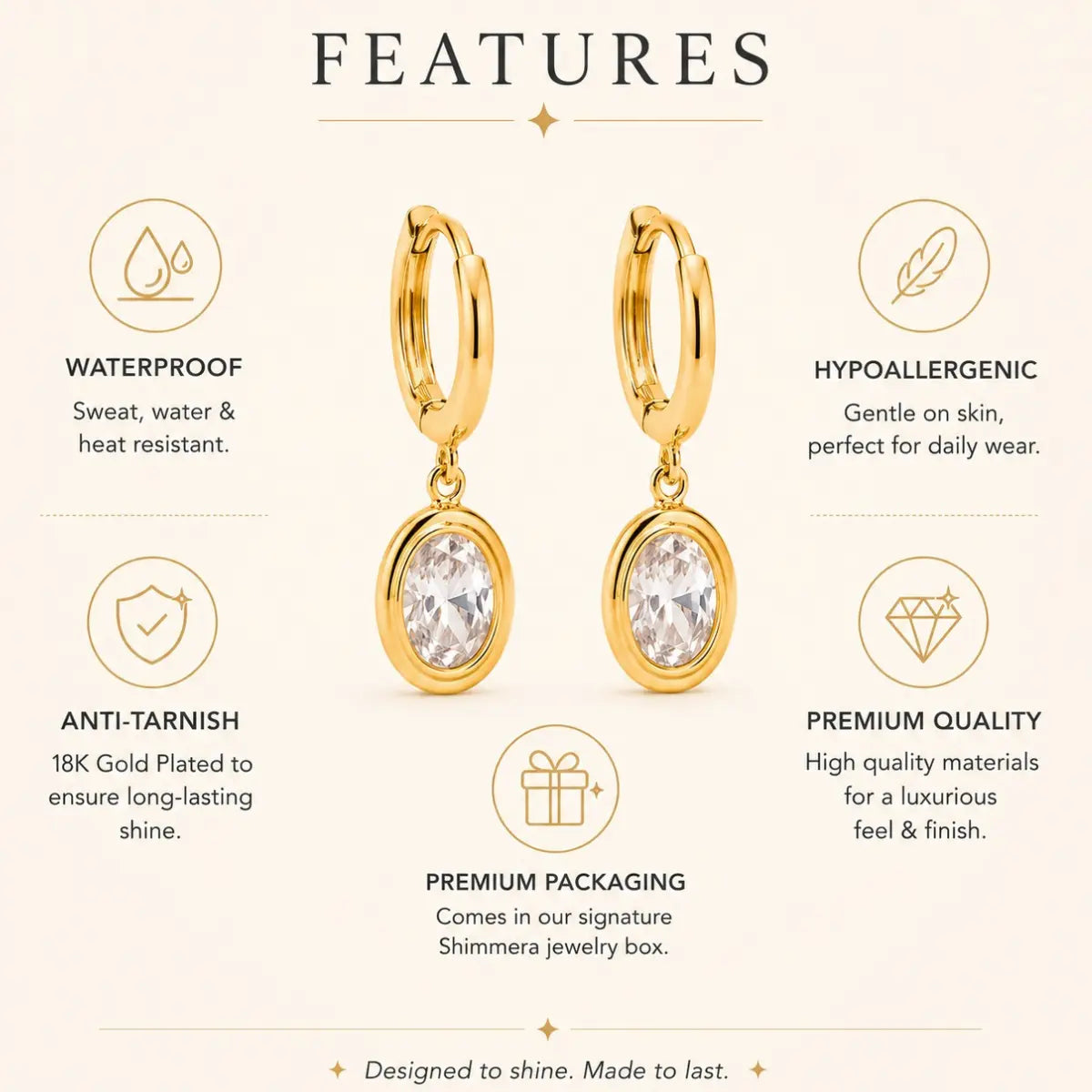 Anti-Tarnish 18K Gold-Plated CZ Drop Golden Hoop Earrings Shimmera