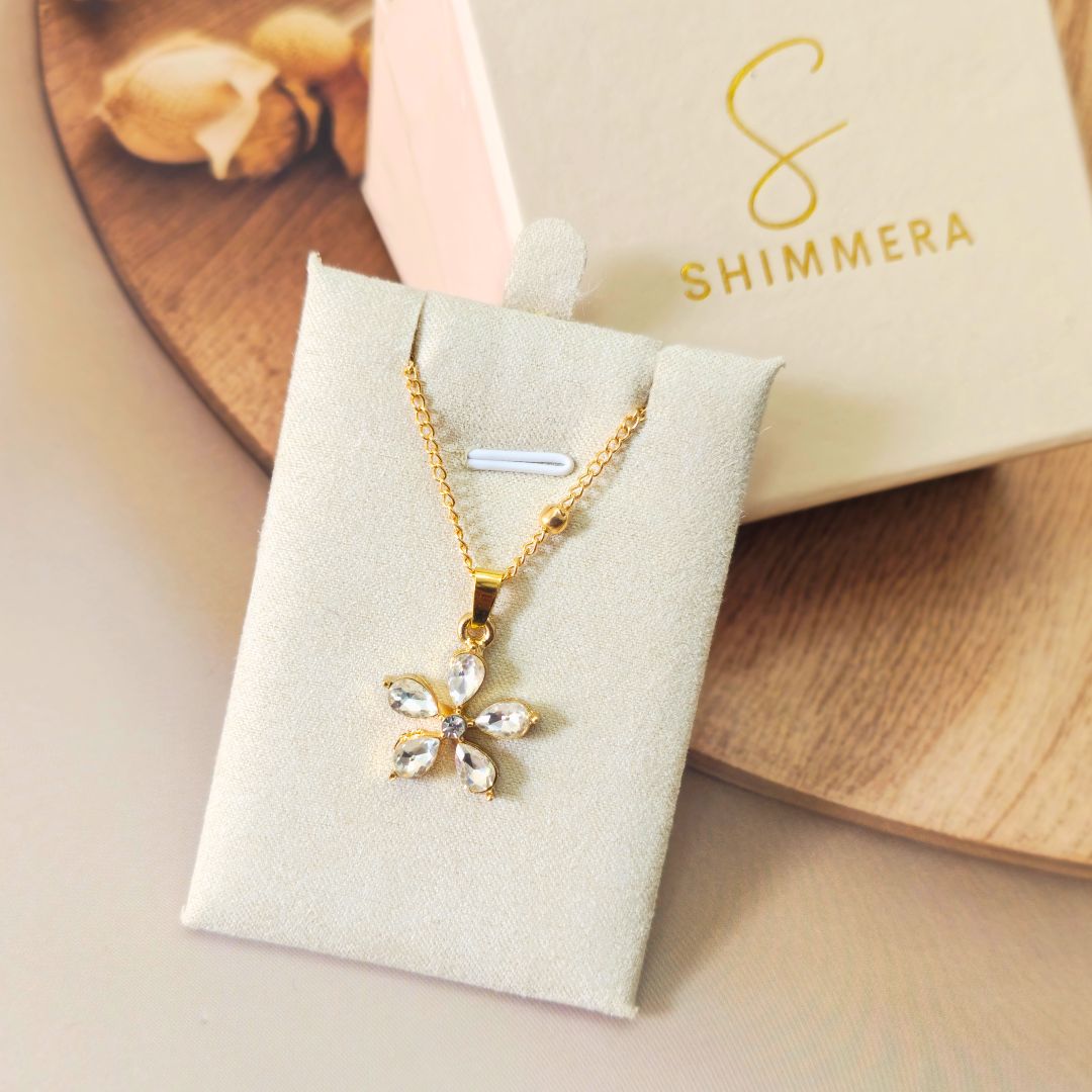 Cubic Zirconia Charm Five-Petal Flower Design Pendant with Chain Stainless Steel Anti Tarnish Gold Plated