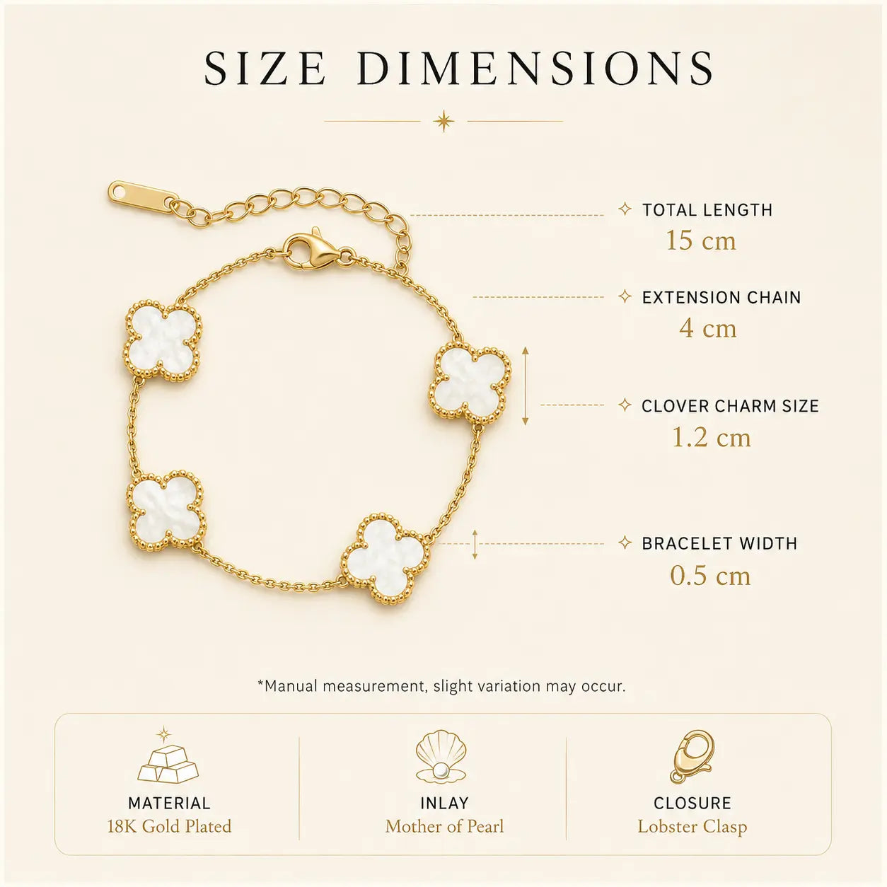 Anti tarnish 18k gold plated white clover bracelet Shimmera