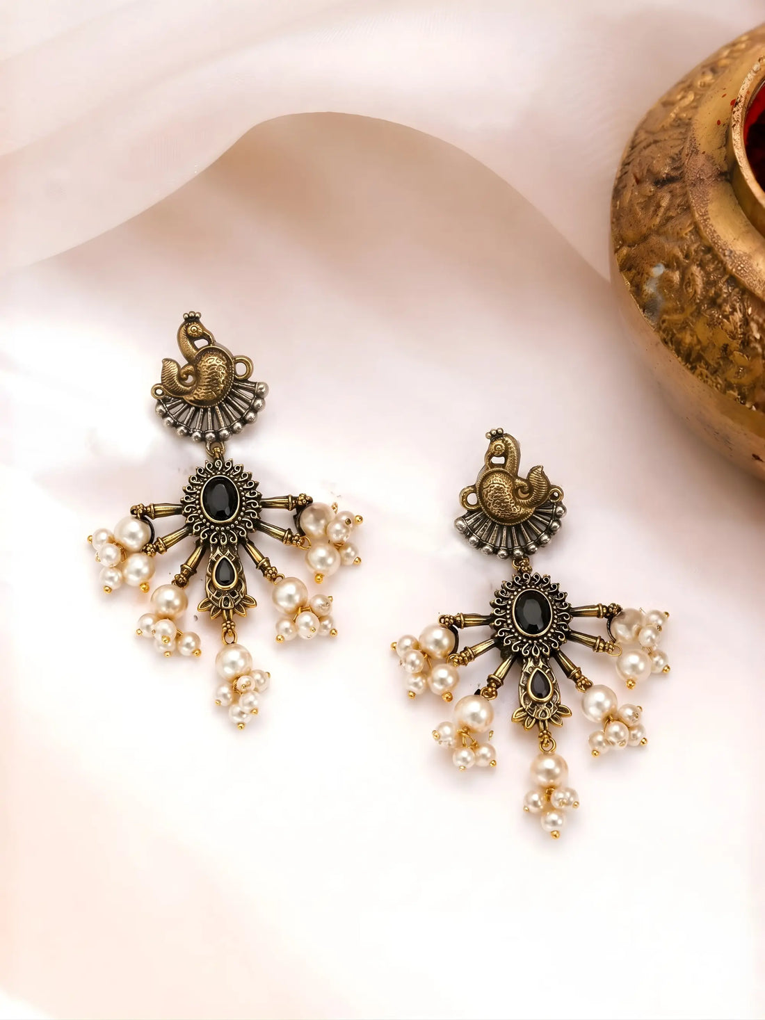 Brass Pearl Peacock Chandbali Earrings Shimmera