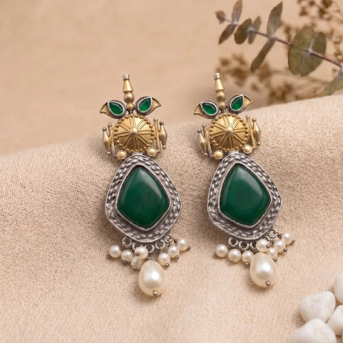 Green Stone Kundan Pearl Drop Earrings Shimmera