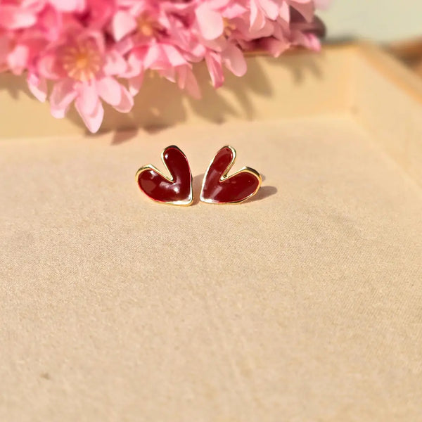 Korean Red Heart Stud Earrings for Women