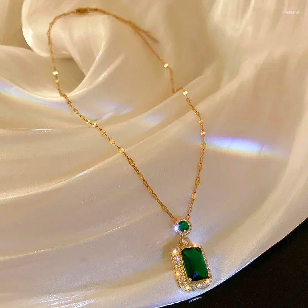 Anti tarnish 18K Gold plated green emerald pendant with chain.