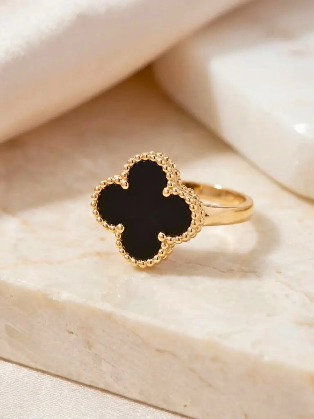 Black Clover Anti Tarnish Adjustable Ring for Women | 18K Gold Plated Waterproof Ring Shimmera