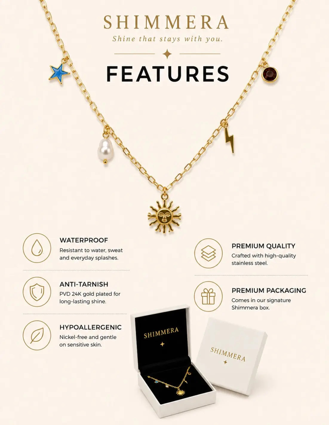 Anti Tarnish Sun Charm Necklace for Women Shimmera