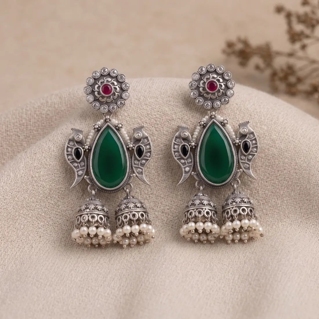 Brass Green Stone Peacock Jhumka Earrings Shimmera