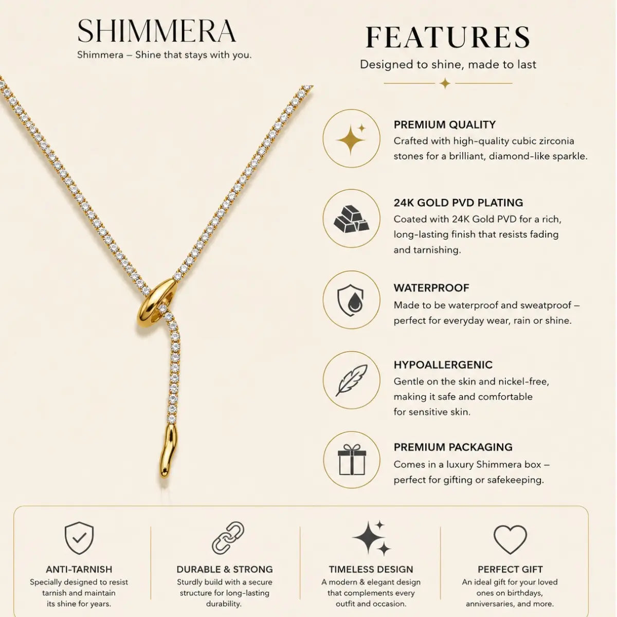 Anti Tarnish Cubic Zirconia Lariat Necklace Shimmera