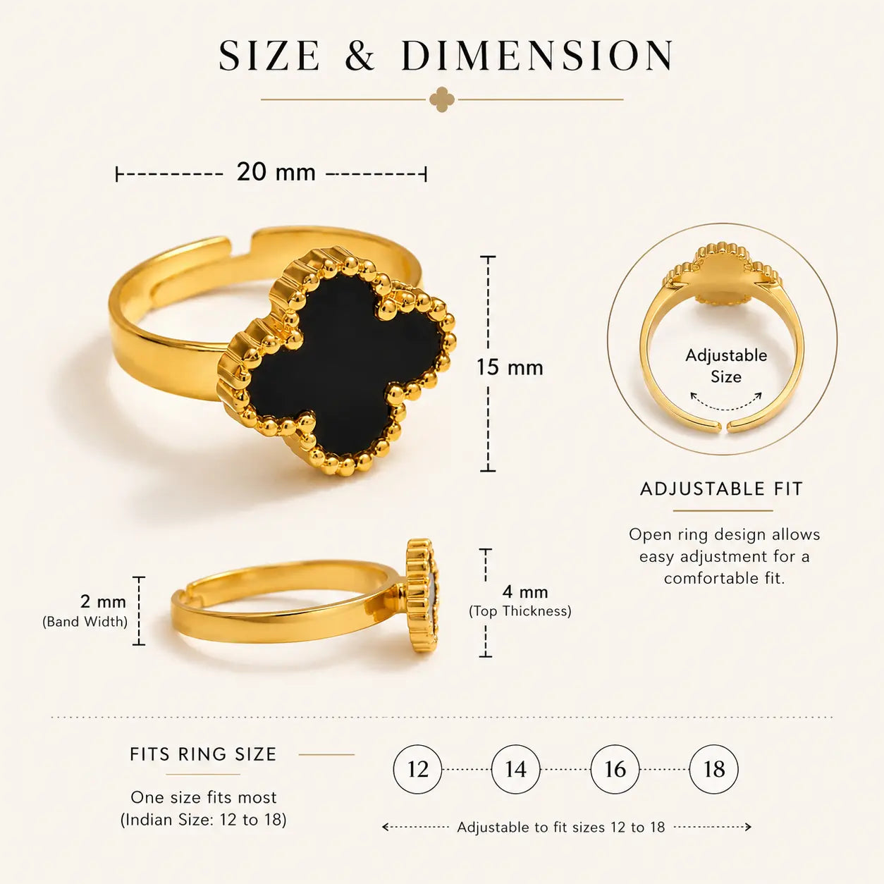 Black Clover Anti Tarnish Adjustable Ring for Women | 18K Gold Plated Waterproof Ring Shimmera
