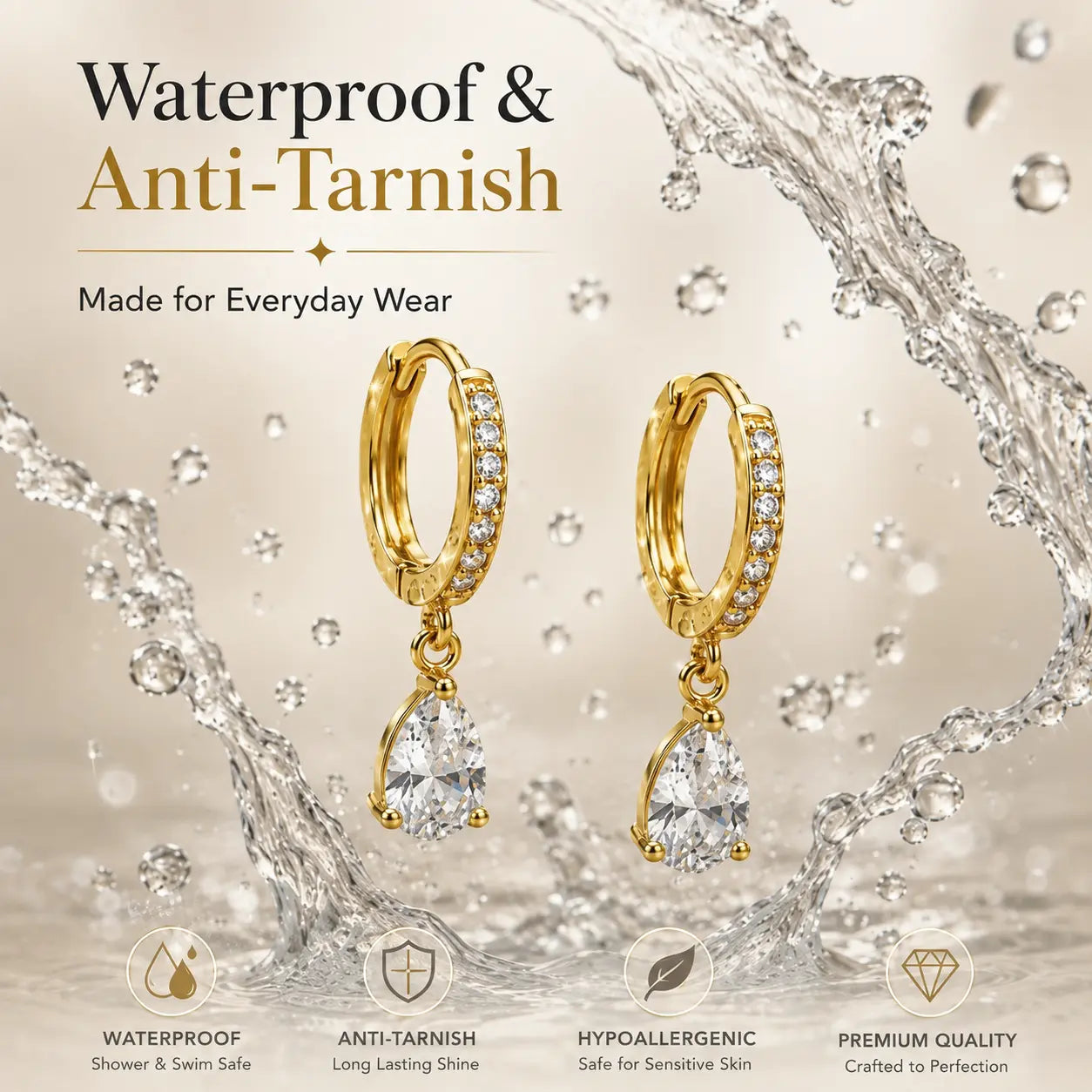 Shimmera Crystal Drop Gold Hoop Earrings | Anti-Tarnish Gold Plated Earrings Shimmera