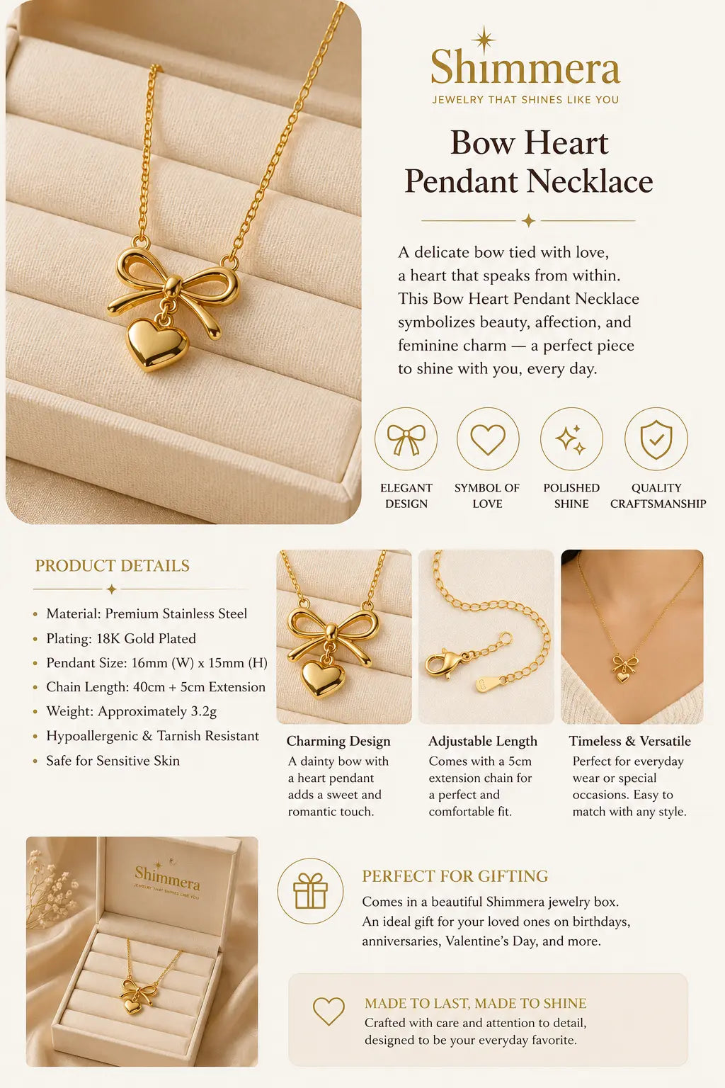 Shimmera Bow Heart Pendant Necklace | Anti Tarnish Gold Plated Chain Shimmera