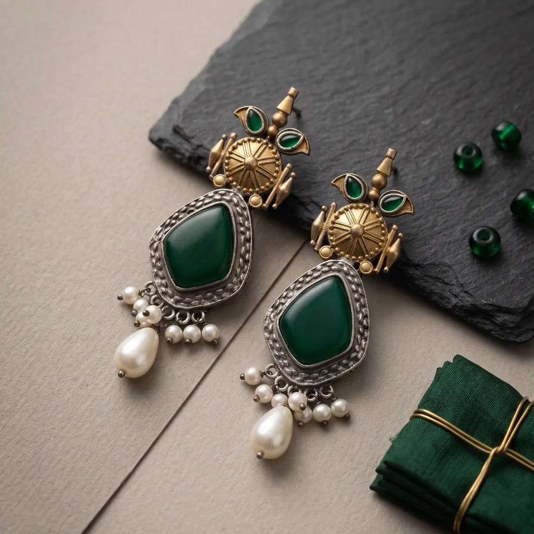 Green Stone Kundan Pearl Drop Earrings Shimmera