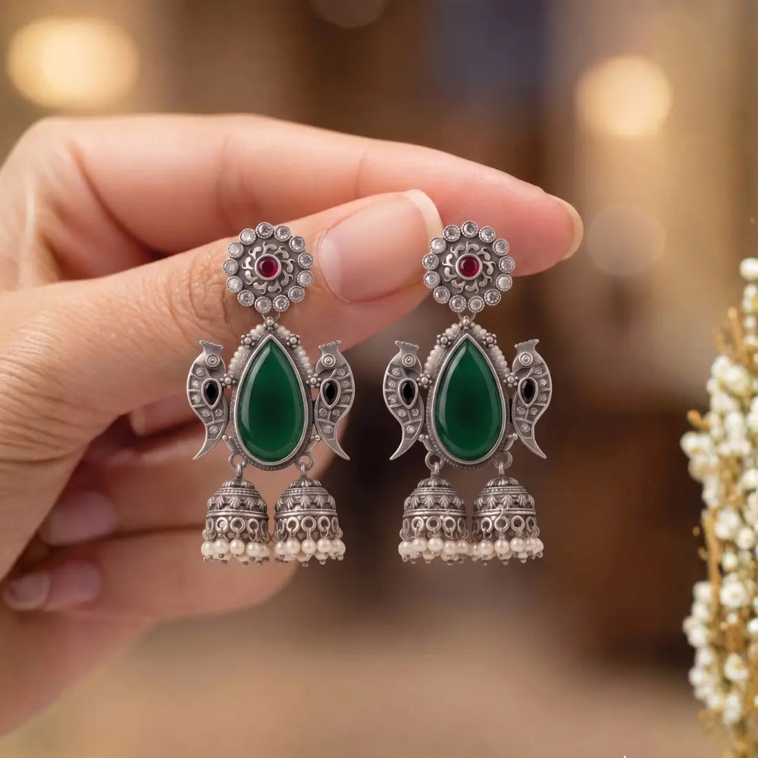 Brass Green Stone Peacock Jhumka Earrings Shimmera