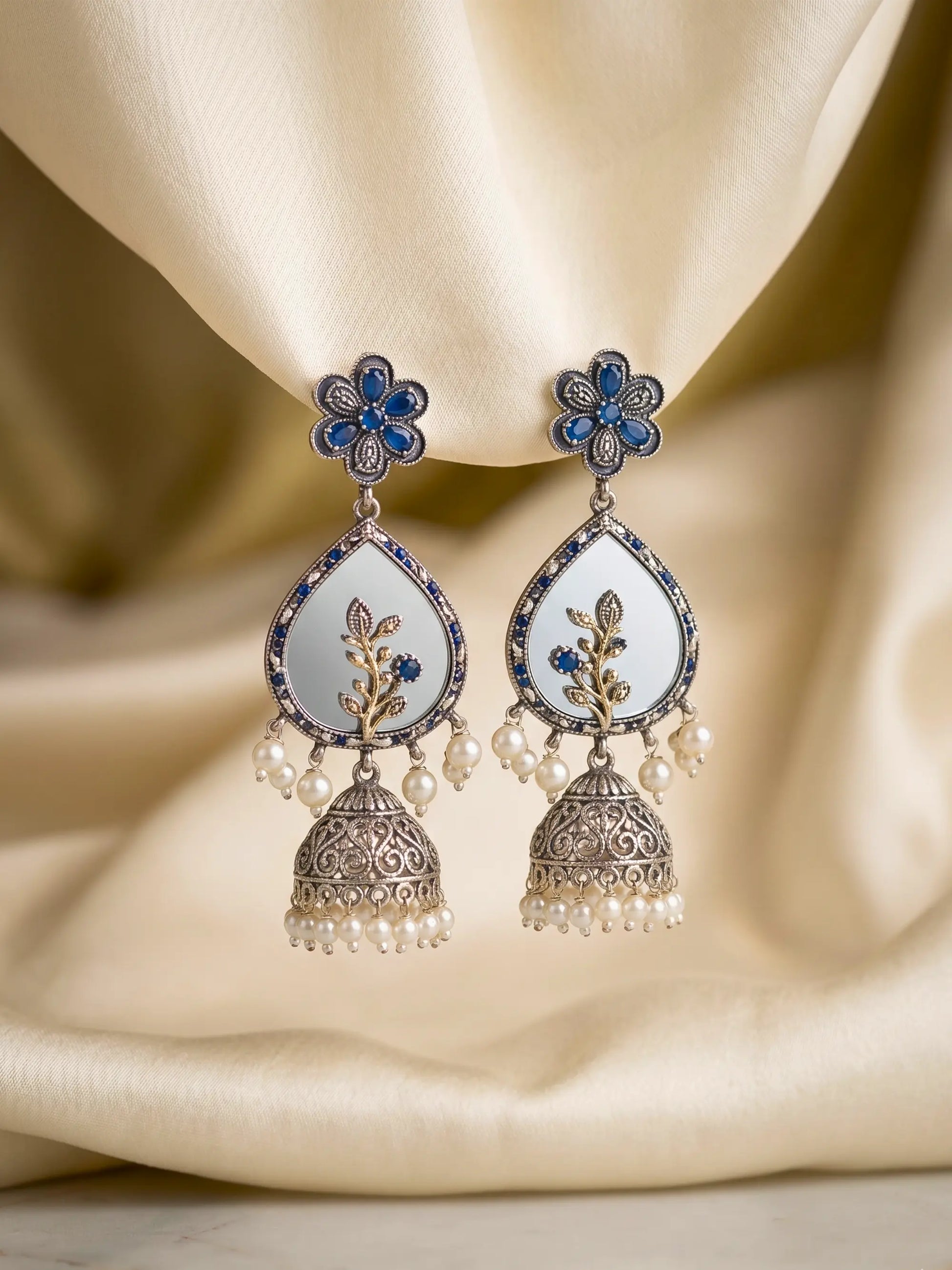 Brass Blue Pearl Jhumka Earrings Shimmera