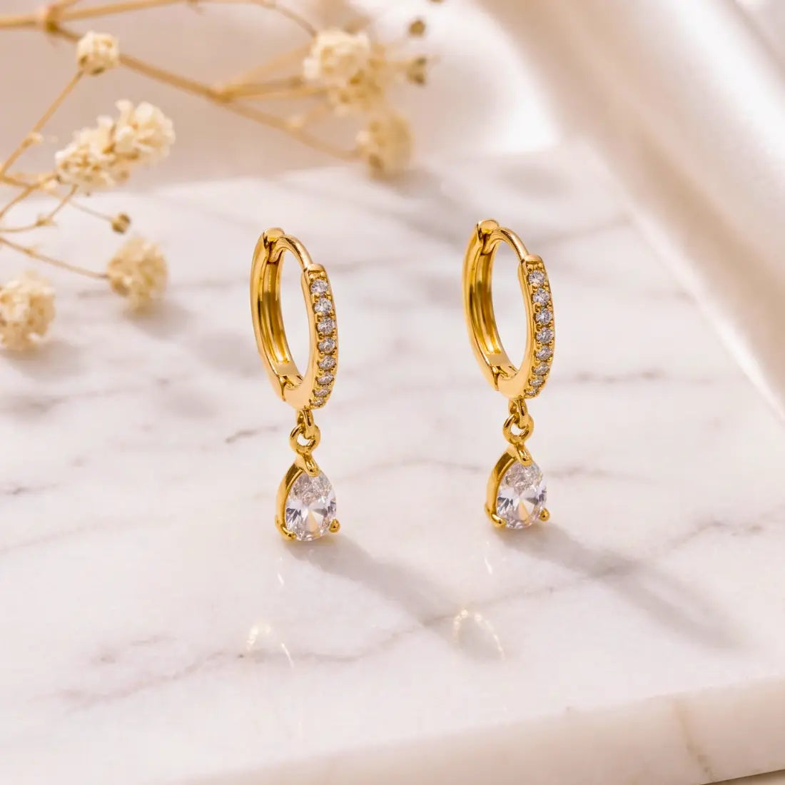 Shimmera Crystal Drop Hoop Earrings | Anti Tarnish Gold Plated Earrings Shimmera