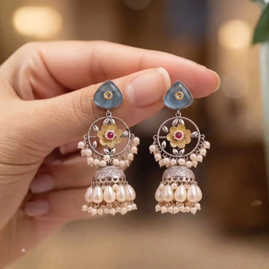Floral Blue Jhumka Earrings Shimmera
