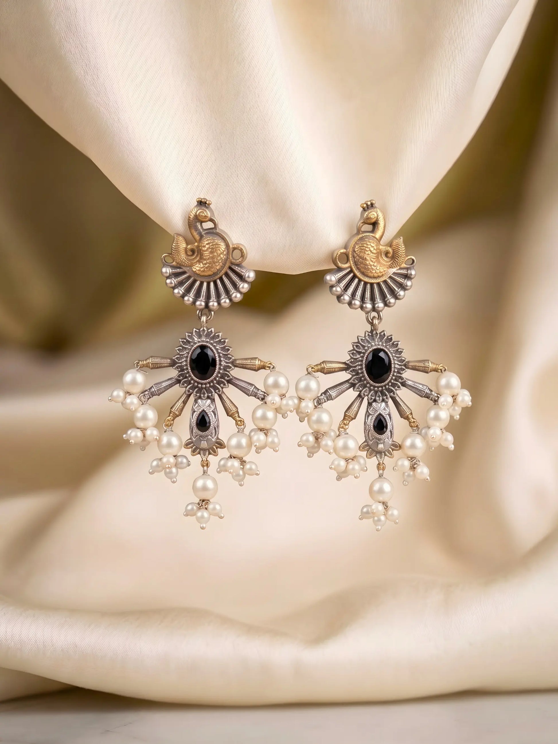 Brass Pearl Peacock Chandbali Earrings Shimmera