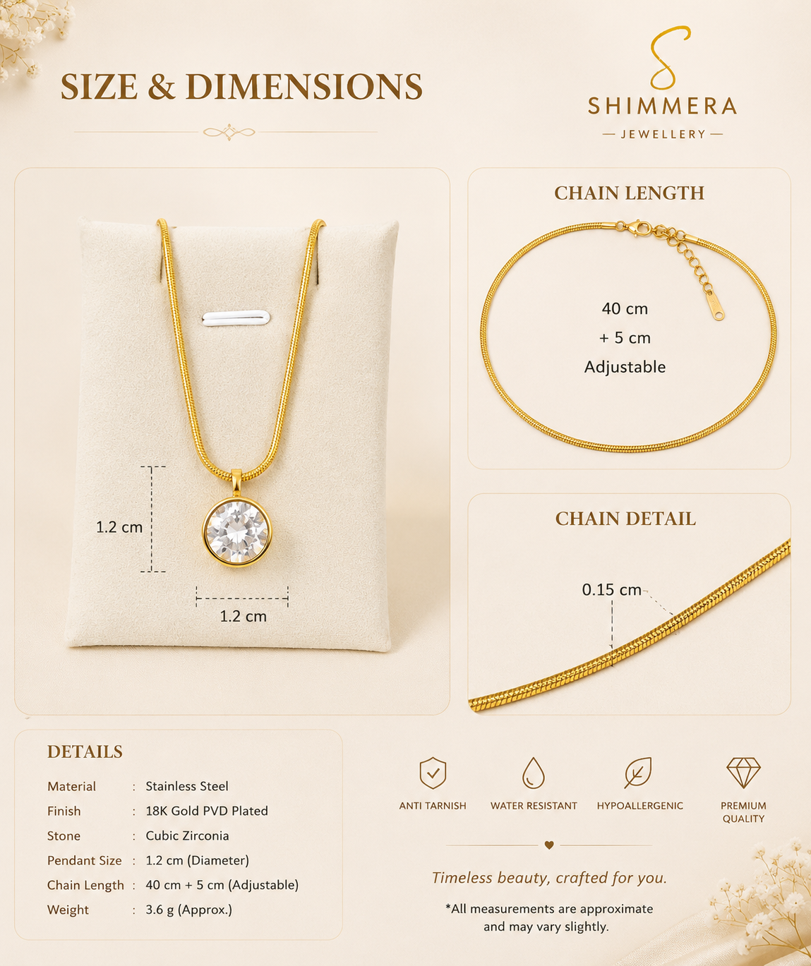 Shimmera jewellery necklace and bracelet with size and dimensions details on a beige background