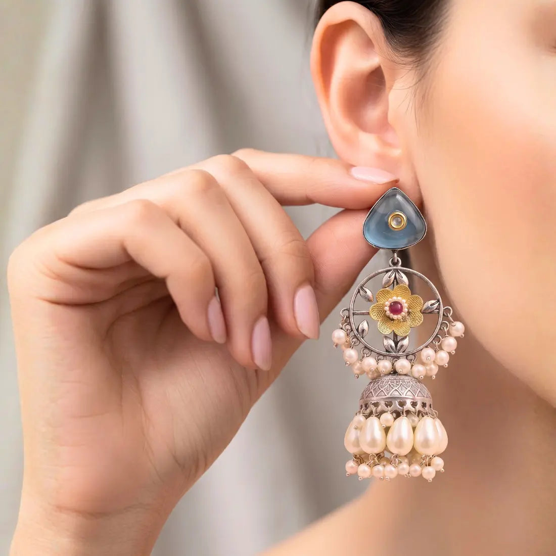 Floral Blue Jhumka Earrings Shimmera