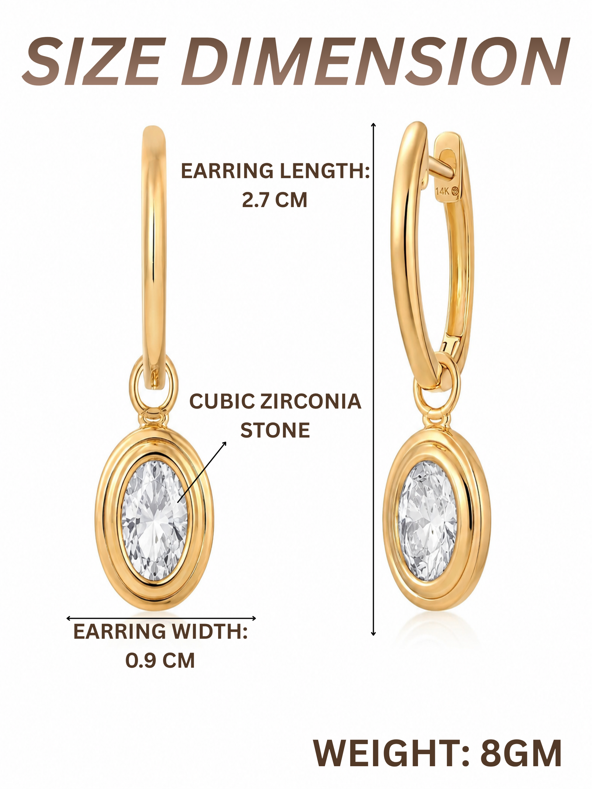 Gold earrings with cubic zirconia stones, showing measurements on a white background.
