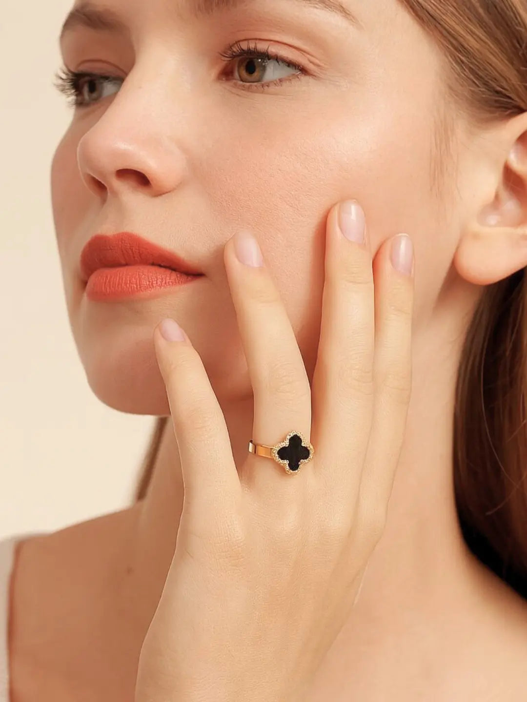 Black Clover Anti Tarnish Adjustable Ring for Women | 18K Gold Plated Waterproof Ring Shimmera