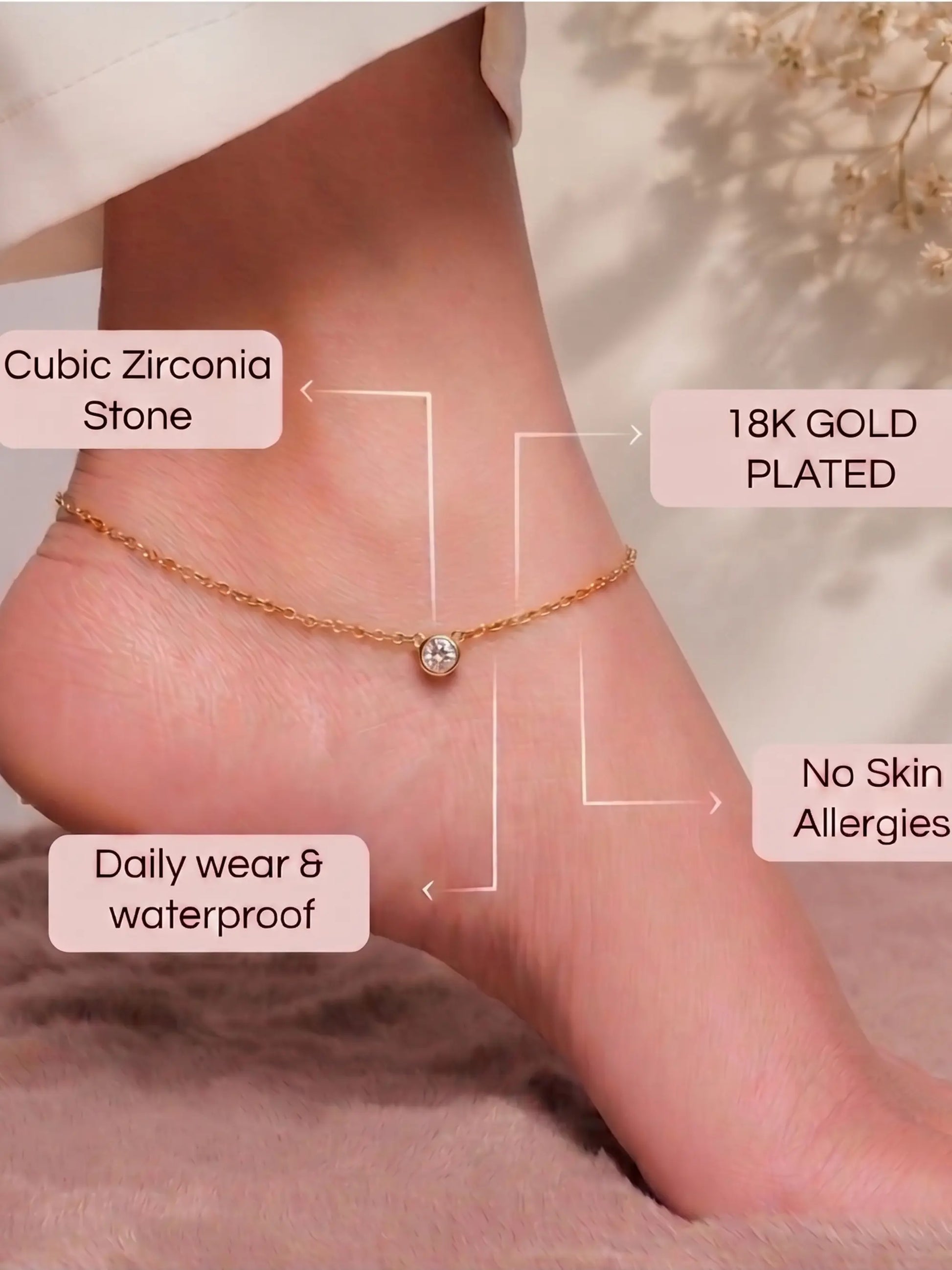 Anti Tarnish Solitaire Gold Anklet Shimmera