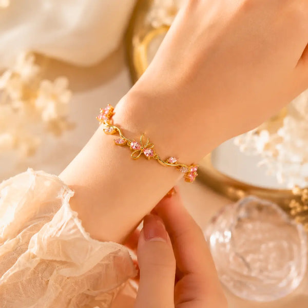 Pink Blossom Tulip Bracelet | Anti-Tarnish Gold-Plated Floral Bracelet