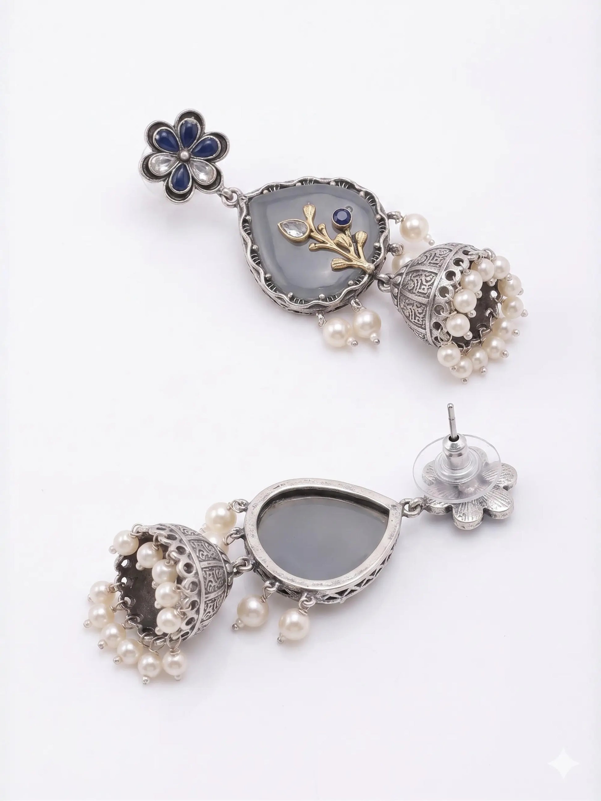 Brass Blue Pearl Jhumka Earrings Shimmera