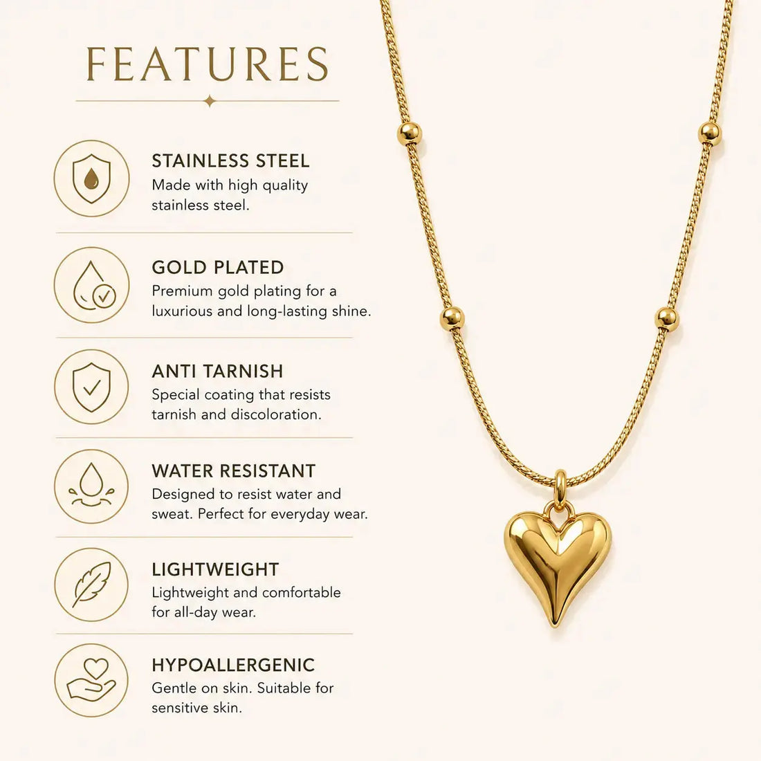 Gold Heart Anti Tarnish Pendant Chain | Shimmera Shimmera