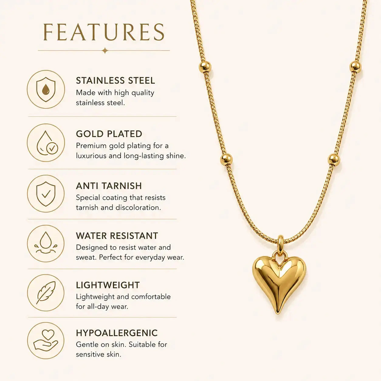 Gold Heart Anti Tarnish Pendant Chain | Shimmera Shimmera
