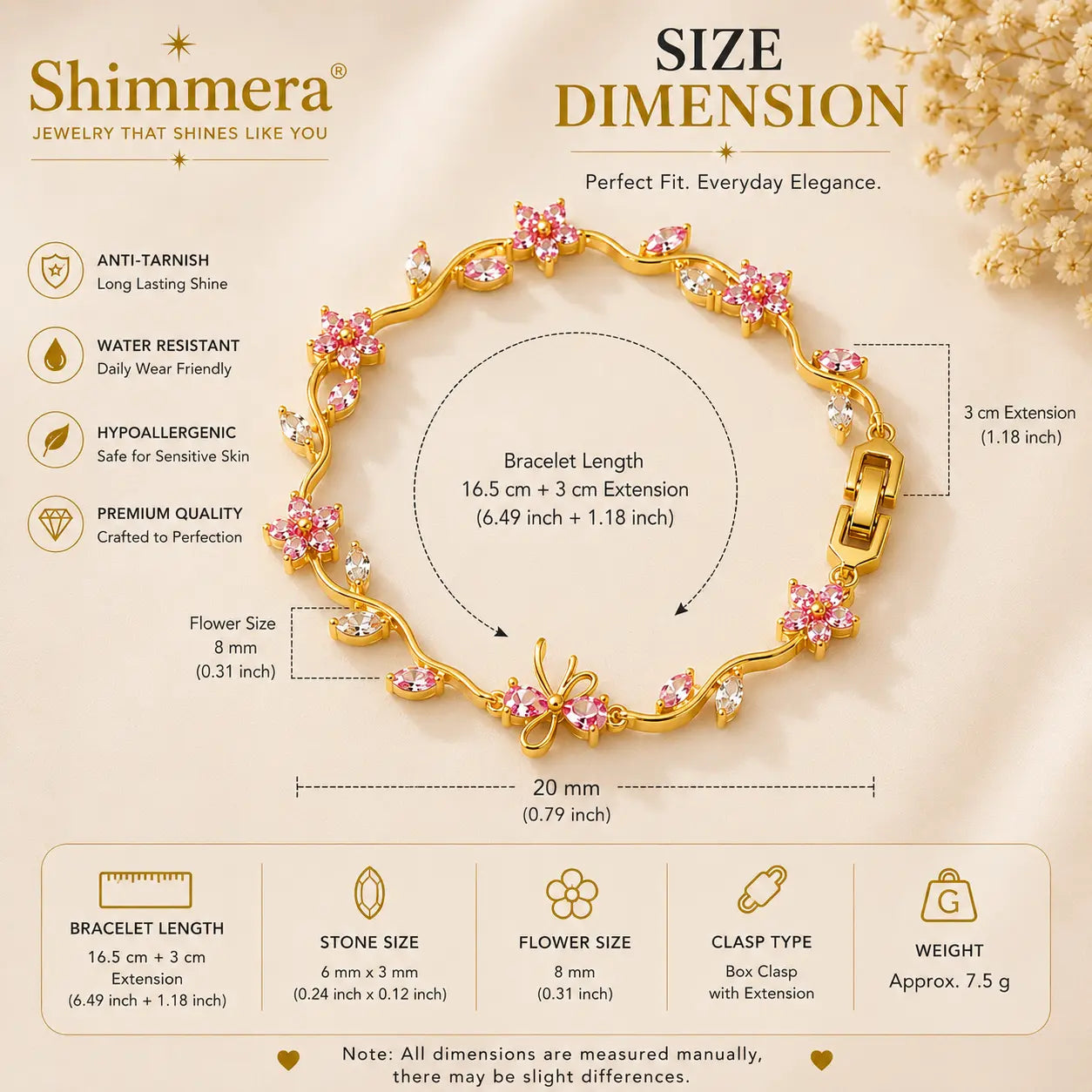 Pink Blossom Bracelet | Anti Tarnish Gold Plated Floral Bracelet Shimmera
