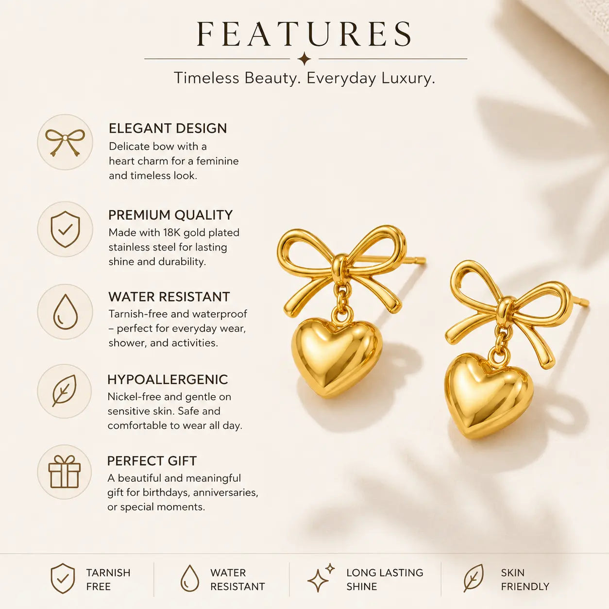 Anti-Tarnish 18K Gold-Plated Bow Heart Earrings for Women Shimmera