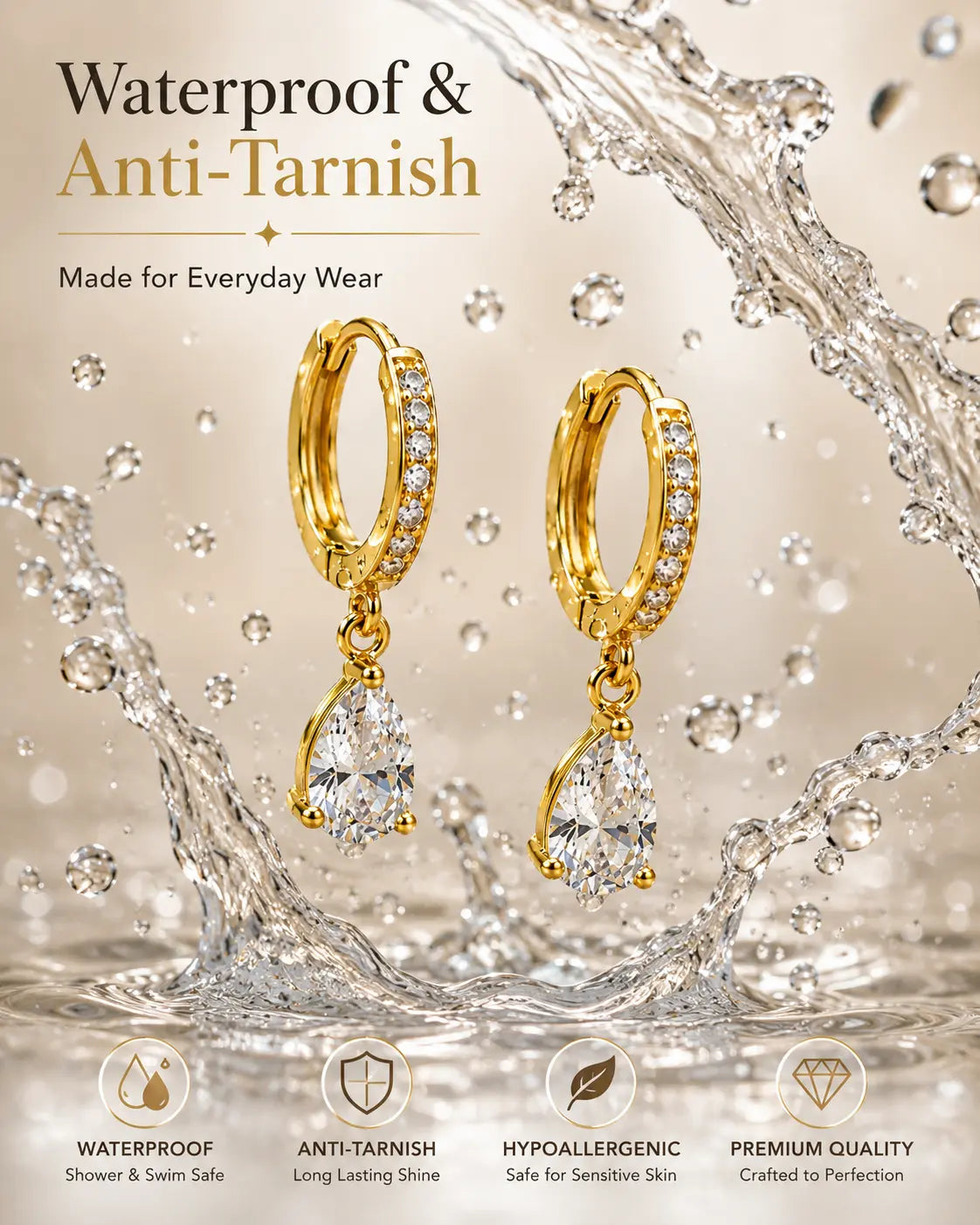 Shimmera Crystal Drop Hoop Earrings | Anti Tarnish Gold Plated Earrings Shimmera