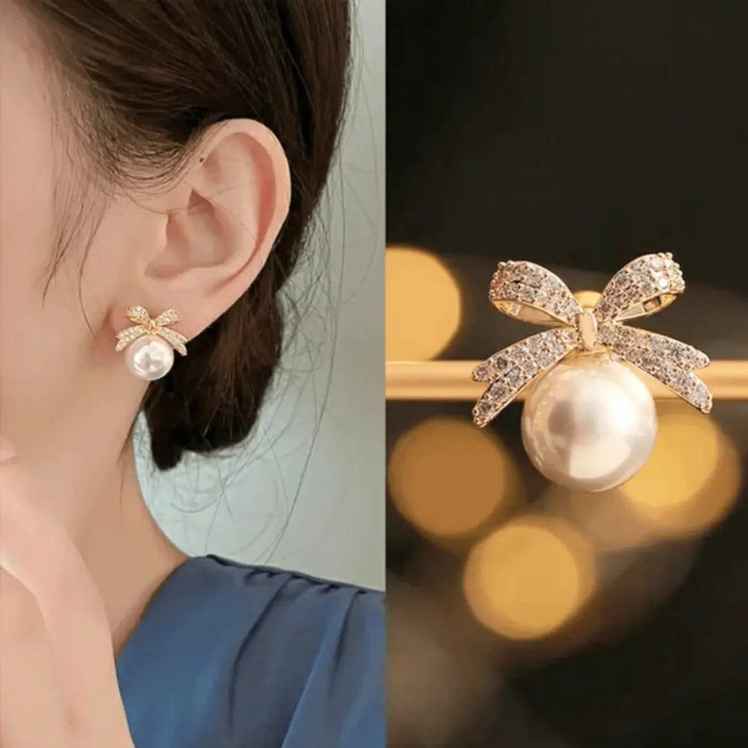 Korean Bow style white pearl Stud earring My Store