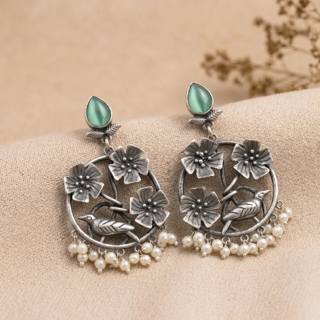 Brass Green Stone Bird Pearl Earrings Shimmera