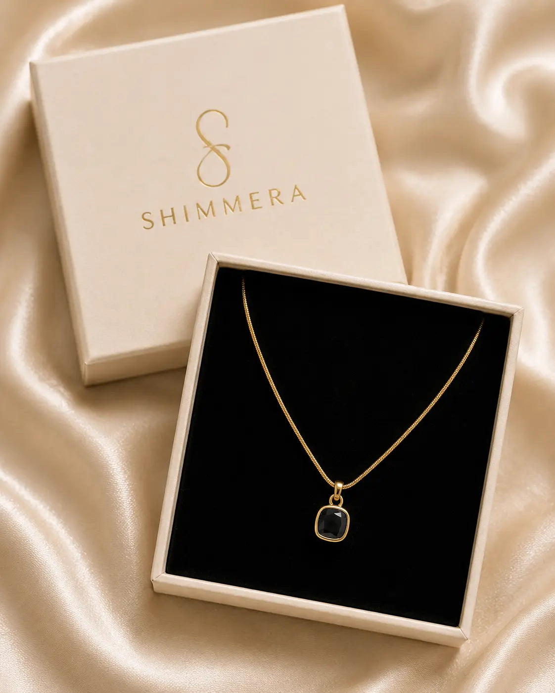 Anti tarnish 18k Gold plated minimal black square pendant with chain. Shimmera