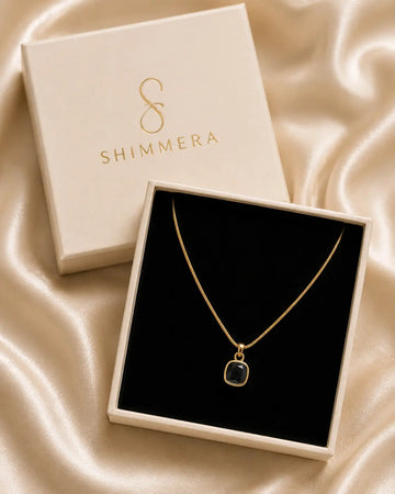 Anti tarnish 18k Gold plated minimal black square pendant with chain. Shimmera