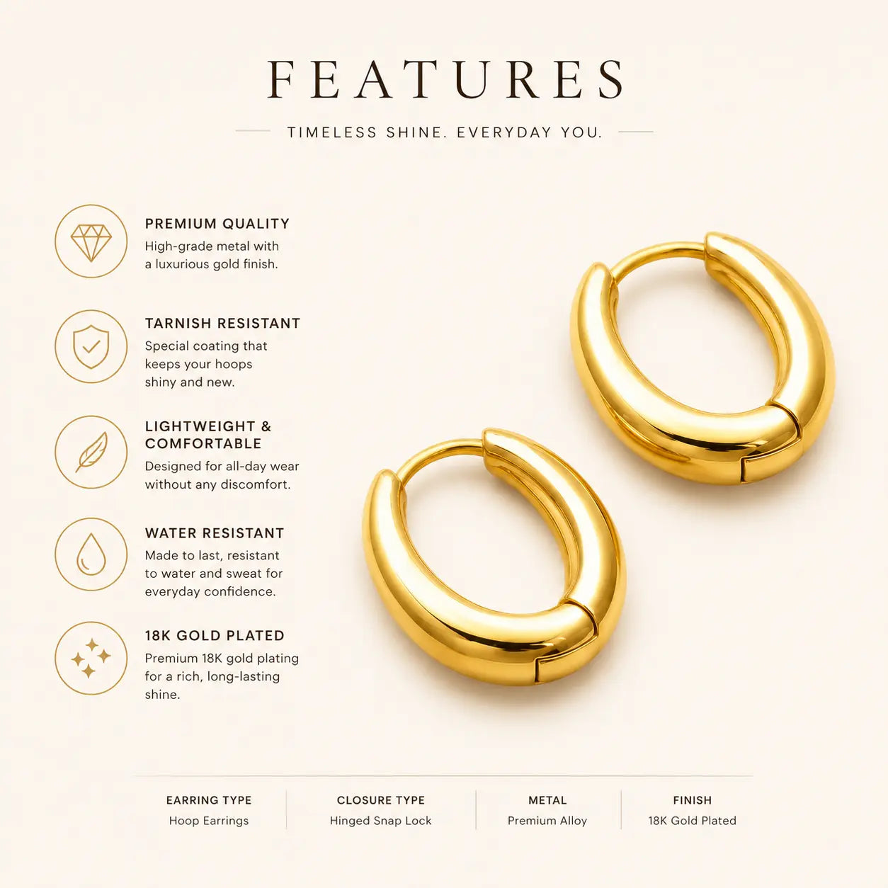 Anti-Tarnish 18K Gold-Plated Golden Hoop Earrings for Girls and Women Shimmera