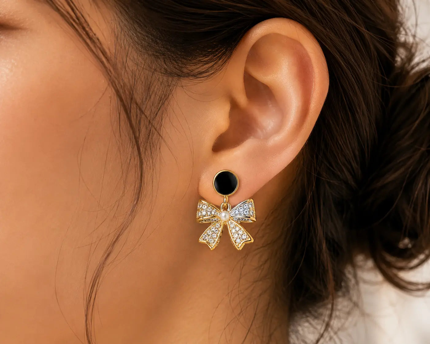 Korean bow style black pearl earrings My Store