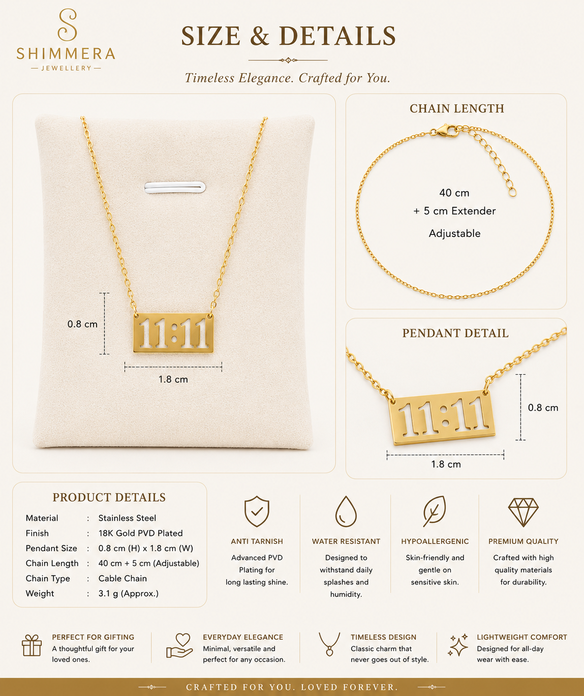 Gold necklace with '111' pendant and bracelet, including measurements and product details on a white background.