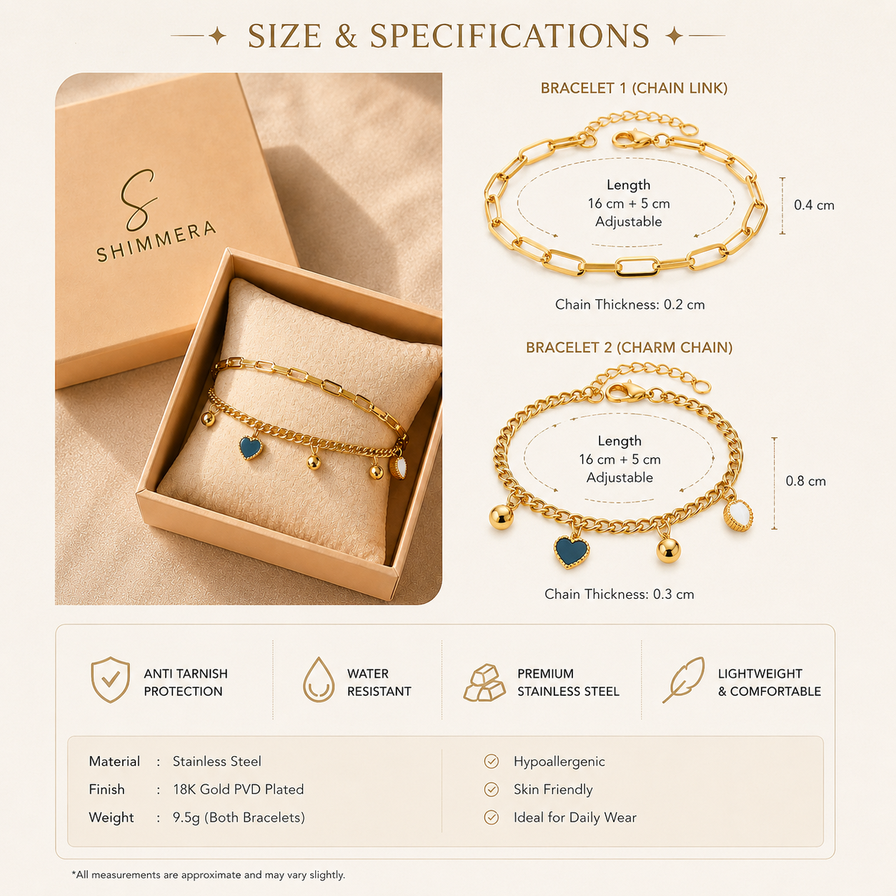 Gold bracelets in a Shimmera box with size and specifications details.