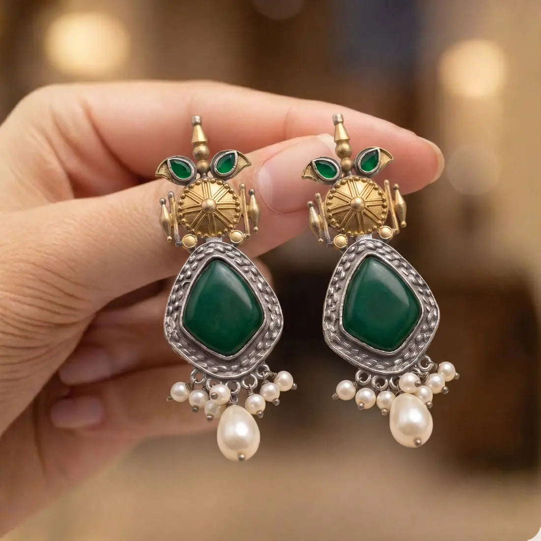 Green Stone Kundan Pearl Drop Earrings Shimmera
