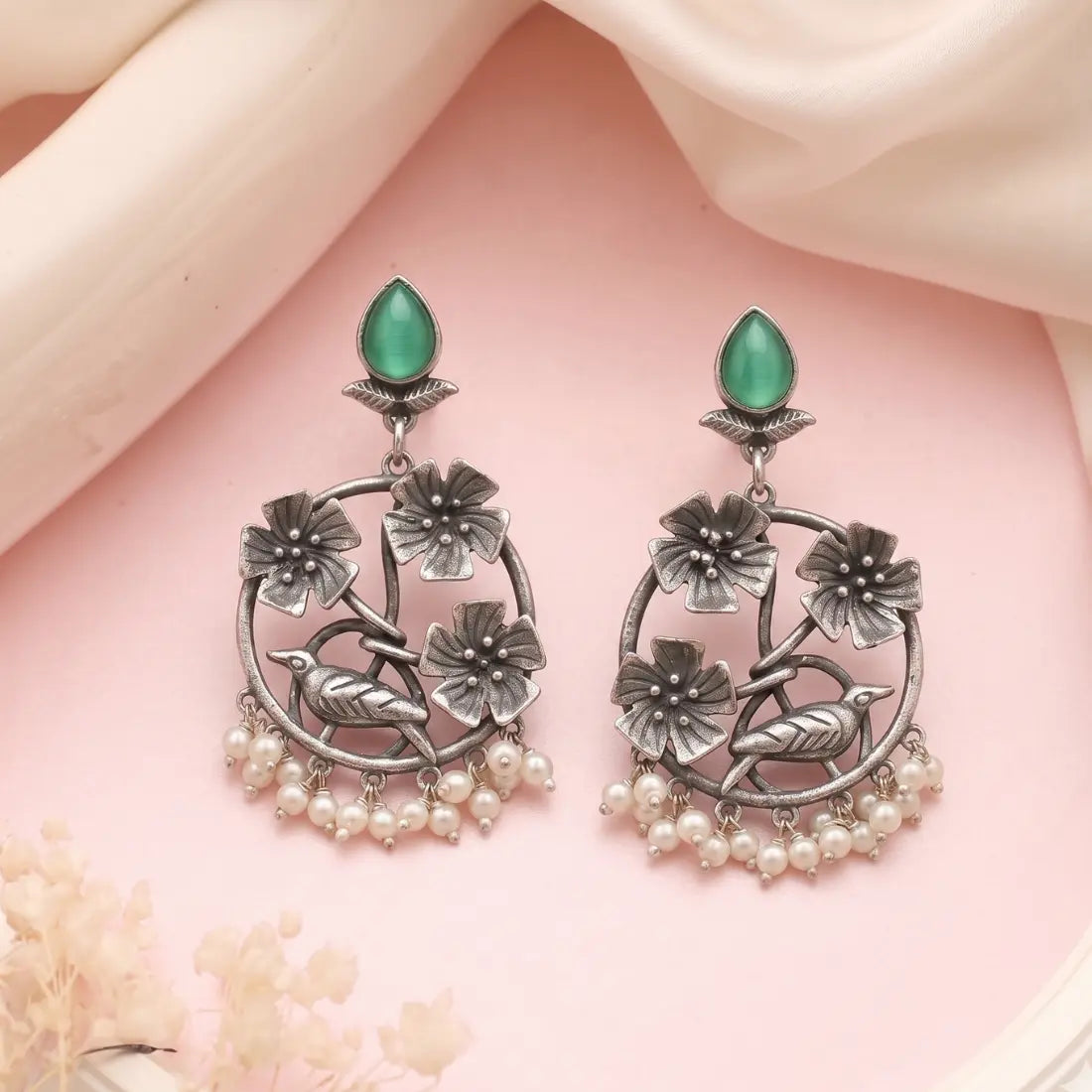 Brass Green Stone Bird Pearl Earrings Shimmera