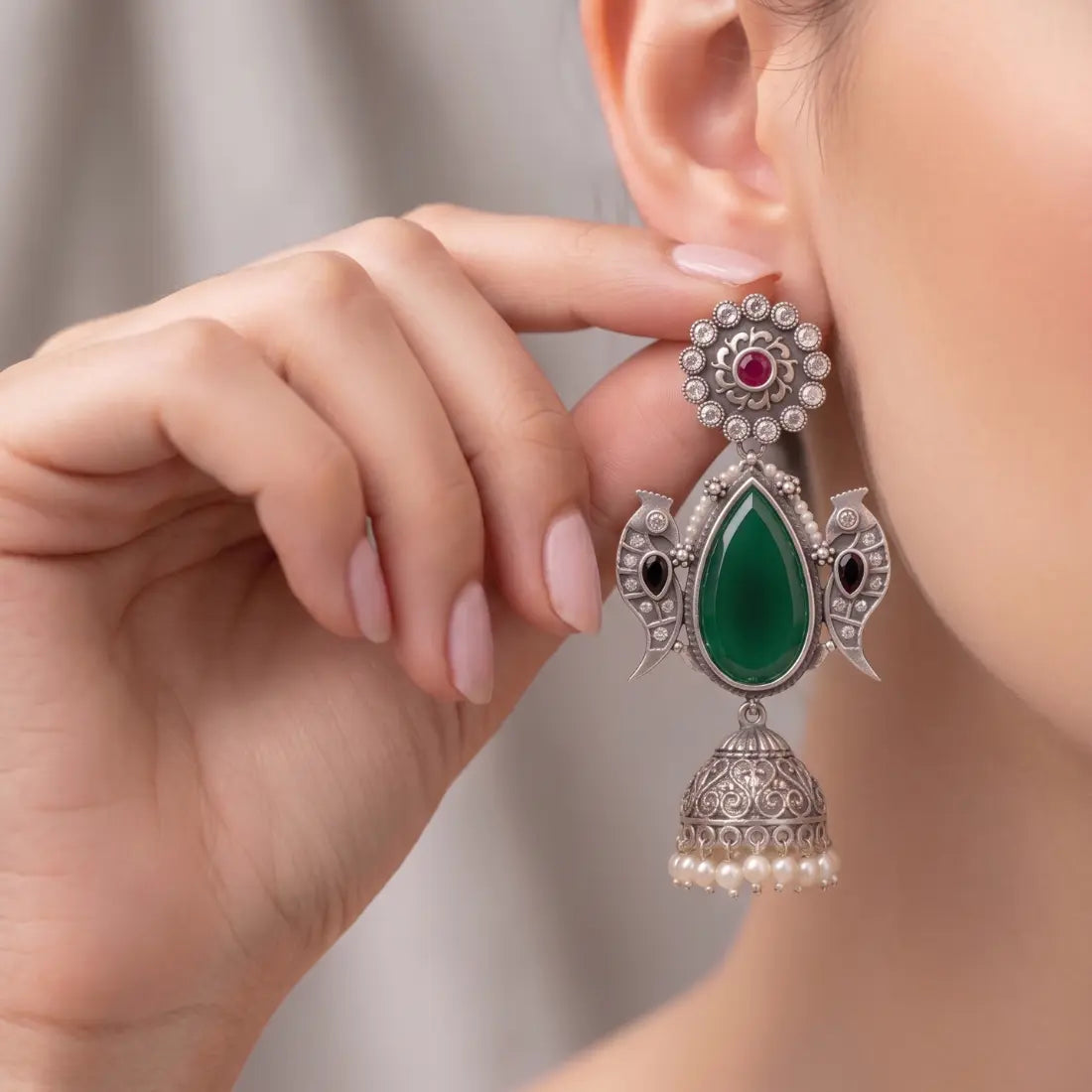 Brass Green Stone Peacock Jhumka Earrings Shimmera