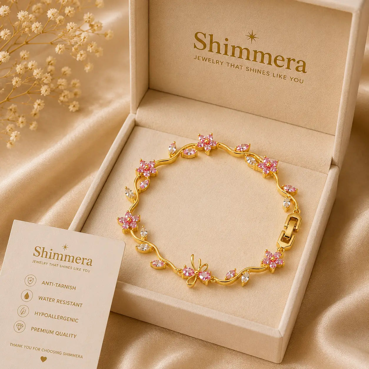 Pink Blossom Bracelet | Anti Tarnish Gold Plated Floral Bracelet Shimmera