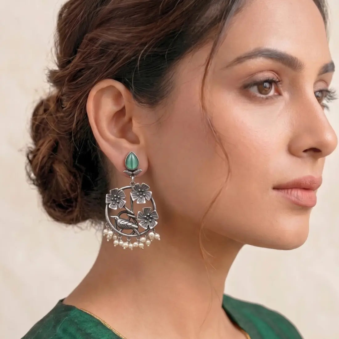 Brass Green Stone Bird Pearl Earrings Shimmera