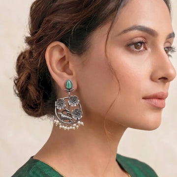 Brass Green Stone Bird Pearl Earrings Shimmera