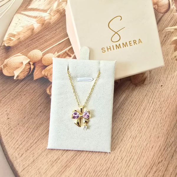 Anti-Tarnish 18K Gold-Plated Stainless Steel Pink Bow Pendant with Chain