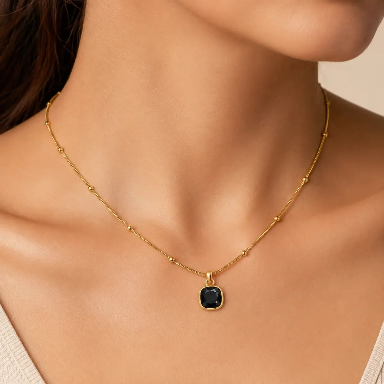 Anti-Tarnish 18K Gold-Plated Minimalist Black Square Pendant with Chain Shimmera