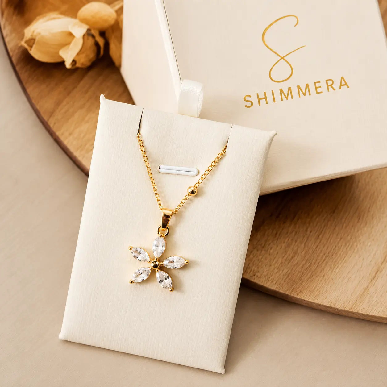 Anti-Tarnish 18K Gold Plated Cubic Zirconia Flower Pendant Necklace Shimmera